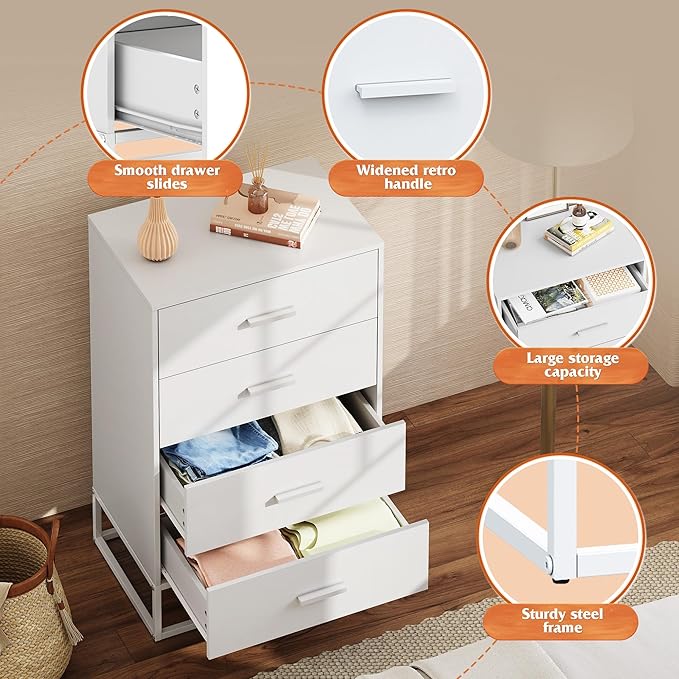 WLIVE White Wood Dresser for Bedroom with 4 Drawers, Tall Chest of Drawers with Sturdy Metal Frame for Living Room, Hallway, Closet-Ruum Studio Home