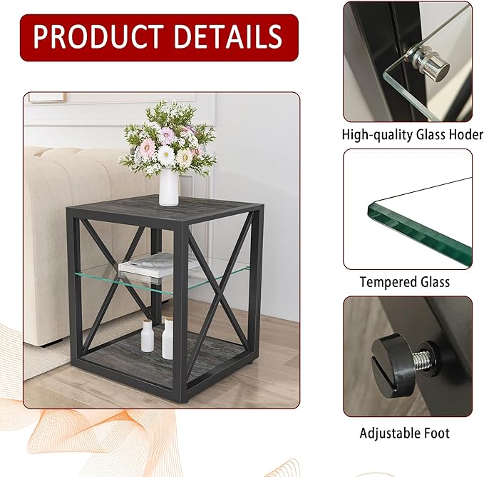 Farmhouse End Table, Modern Side Table with 3-Tier Storage Shelf, Square Rustic Nightstand, Accent Tea Table, for Bedroom Office Living Room, Grey, Natural Wood, Glass, Metal-Ruum Studio Home