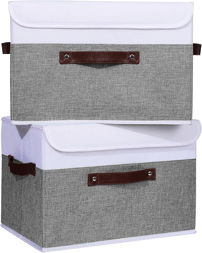 ANMINY 4PCS Storage Boxes with Lid Washable Decorative Storage Bins Basket with PU Leather Handle Foldable Linen Fabric Storage Cubes Containers for Home Closet Organizer - Gray White, Large Size-Ruum Studio Home