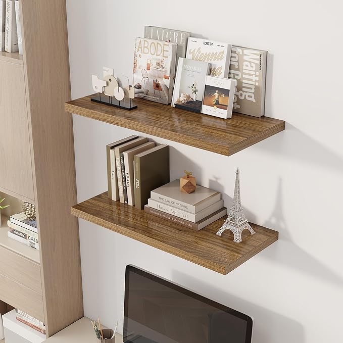 30" Floating Shelves for Wall, 12" Deep Slim Walnut Floating Shelves, Wall-Mounted Shelves for Bedroom, Living Room, Kitchen, Bathroom - Set of 2-Ruum Studio Home