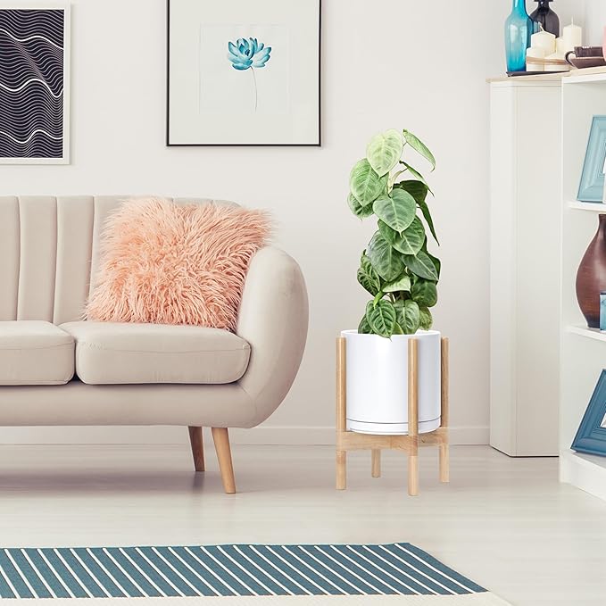 D'vine Dev Ceramic Planter with Natural Stand - 10 Inch Modern Round Flower Pot with Wood Planter Holder, White, 55-B-K-1-Ruum Studio Home