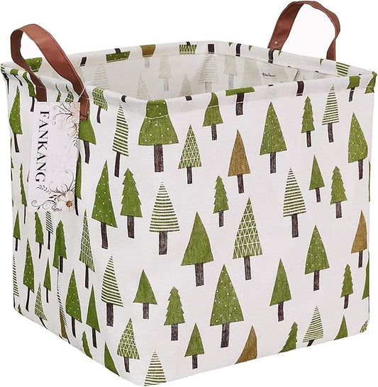 FANKANG Square Nursery Hamper Storage Bins Canvas Laundry Basket Foldable with Waterproof PE Coating Large Storage Baskets Gift Baskets for Children Office Bedroom ClothesToys (SquareGreen forest)-Ruum Studio Home
