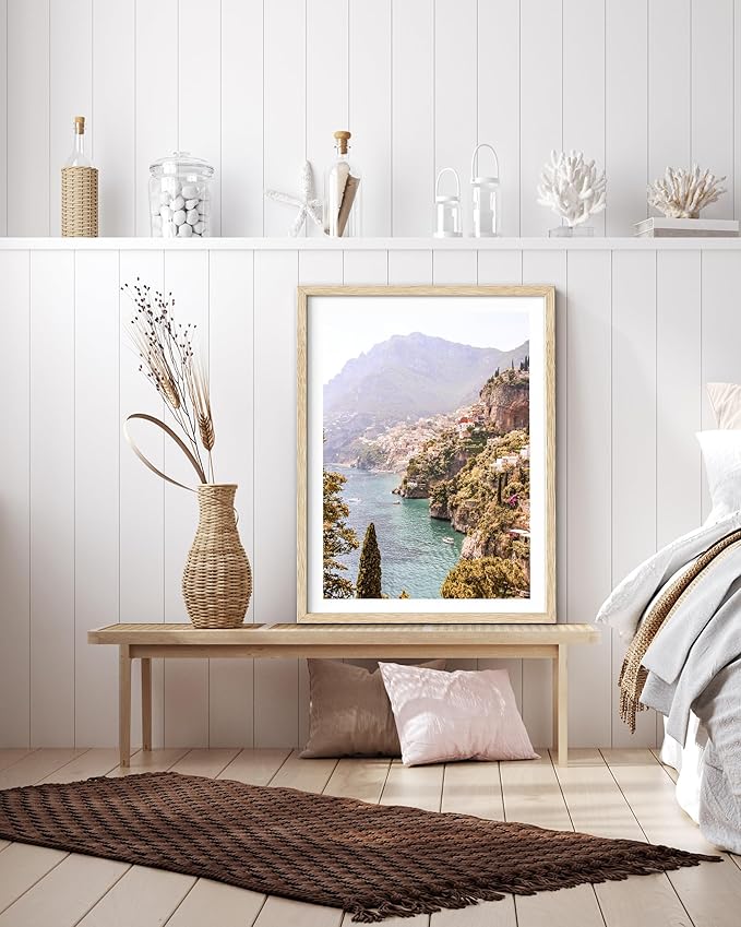 HesenDot Natural OAK Wood Framed Italy Coastal Wall Art,12x16in Amalfi Coast Canvas Wall Print,Positano Seascape Boho Poster Wall Decor for Living Room,Bedroom,Office Gallery Set of 1-Ruum Studio Home