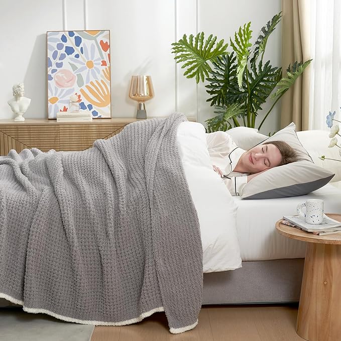 Snuggle Sac Soft Waffle Blanket, Grey Bedding Blankets Queen Size 90x90 inches, Reversible Microfiber Fluffy Fuzzy Grey Blanket Cozy Knit Blanket for Women Mothers Birthday Gifts-Ruum Studio Home