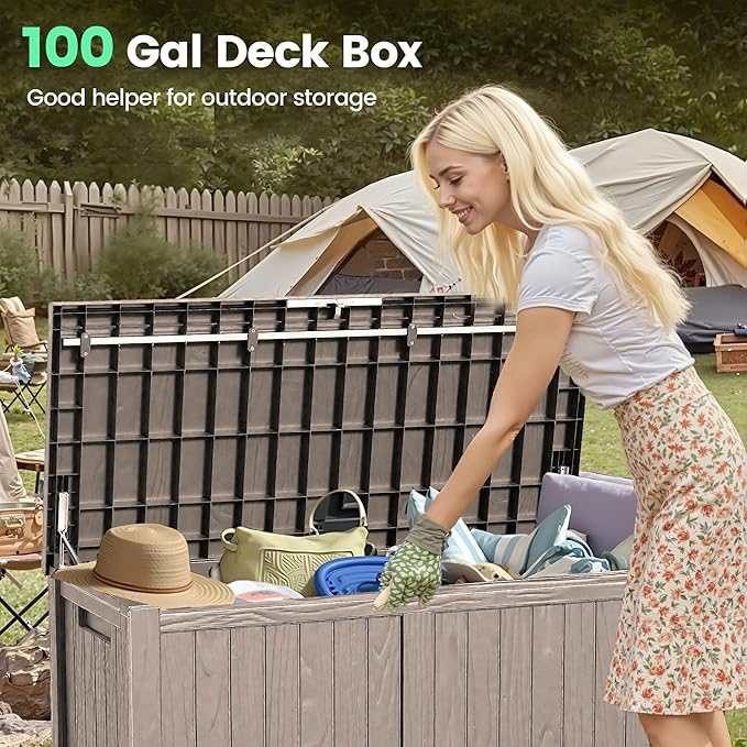 120 Outdoor Storage Box, Waterproof Resin Deck Box for Indoor & Outdoor Use, Lockable Storage Bench with Piston Hinge, Storage Bin for Patio Cushions, Garden Tools, Package Delivery, Grey-Ruum Studio Home