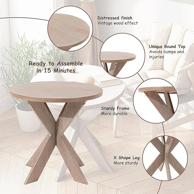Farmhouse Cross Leg end Table, French Country Accent Side Table for Family, Dinning or Living Room, Small Spaces, Modern, Round, Vintage Grey Finish.-Ruum Studio Home