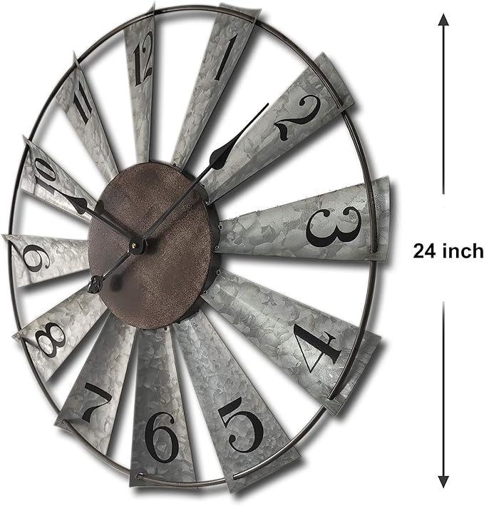 Mrocioa 24inch Windmill Distressed Metal Wall Clocks Rustic Large Decorative Clock Oversized Farmhouse Decor,Non Ticking,Battery Operated-Ruum Studio Home