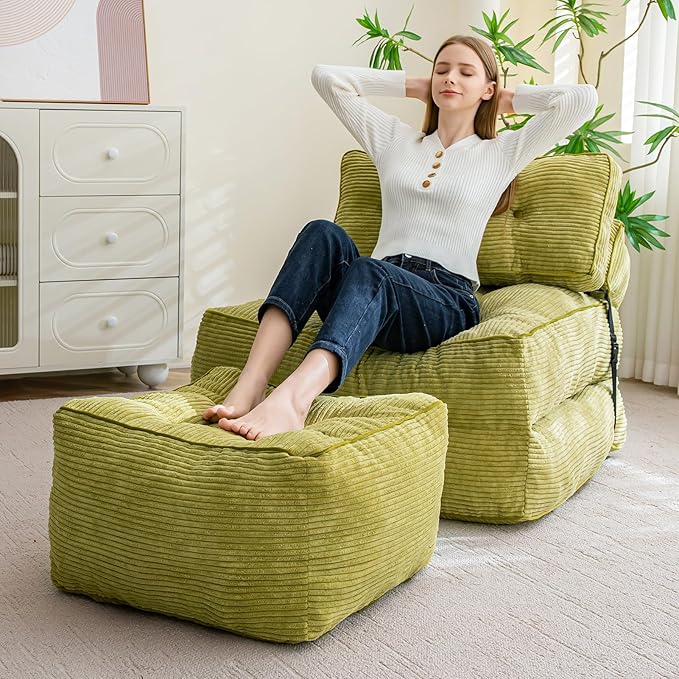 HIGOGOGO Square Stuffed Pouf Ottoman, Corduroy Poufs with Foam Chunk Filling, Furry and Fluffy Pouf Foot Stool Storage Ottoman, 25.6 X 25.6 Floor Poufs Foot Rest for Living Room, Green-Ruum Studio Home