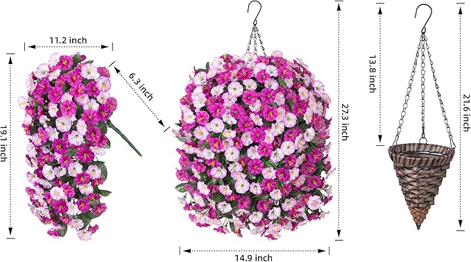 Artificial Fake Hanging Flowers Basket for Outdoor Indoor Decoration,UV Resistant Faux Silk Light Fuchsia and Fuchsia Morning Glory Flowers Plants Realistic Hanging Planter for Outside Home Porch Yard-Ruum Studio Home
