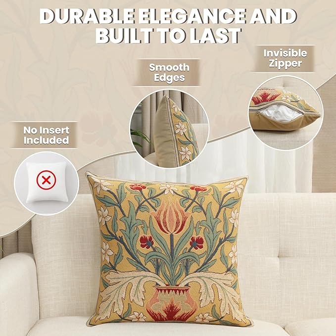 Charlotte Home Furnishings Throw Pillow Covers, Decorative Boho Pillow Covers for Couch, Living Room, Red Tulip Square Cushion Cases 18x18 in, European Cotton Jacquard Woven for Cozy Bedroom Decor-Ruum Studio Home