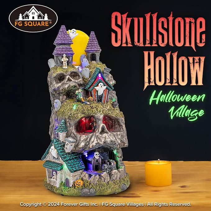 Skullstone Hollow Skull Theme Spooky Halloween Village Multi-Color LED Lights, Animated Motion and Music 7.75" x 7.5" x 13.5"-Ruum Studio Home