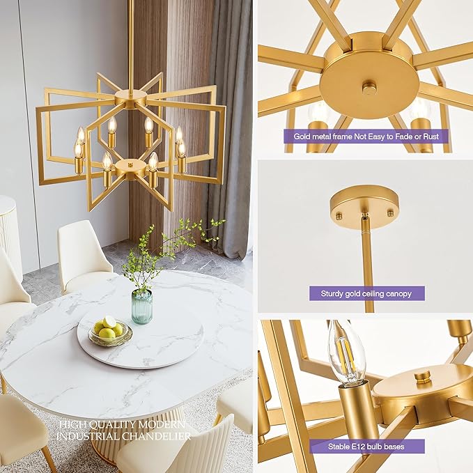 Modern Farmhouse Gold Chandeliers for Dining Room, 8-Light Industrial Metal Chandeliers Geometric Pendant Lights Kitchen Island for Entryway Stairway Foyer Hallway-Ruum Studio Home