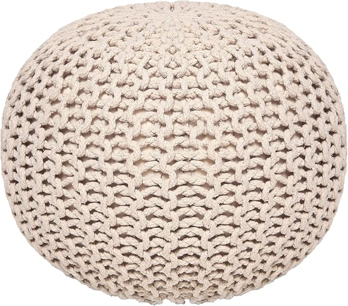REDEARTH Round Pouf Ottoman - Cable Knitted Boho Poof - Home Décor Cord Pouffe Handmade Circular Footrest for Living Room - Bedroom - Kids Bedroom - 100% Cotton Pouf (19.5"x19.5"x14") - Ivory-Ruum Studio Home
