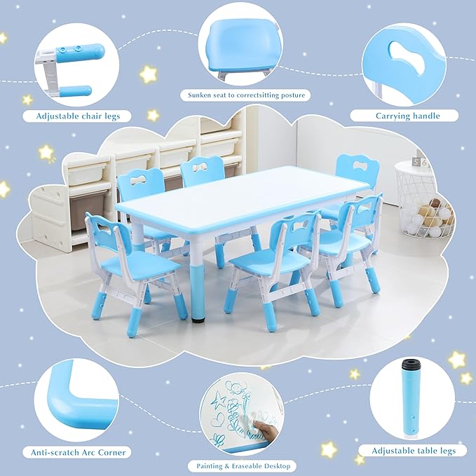 Kids Table and 6 Chairs Set with Graffiti Desktop, Toddler Furniture Set, Non-Slip, Table Children Study Desk, Dining Table, Height Adjustable Desk, Painting Desktop for Kids (47.2x23.6Inch)-Ruum Studio Home