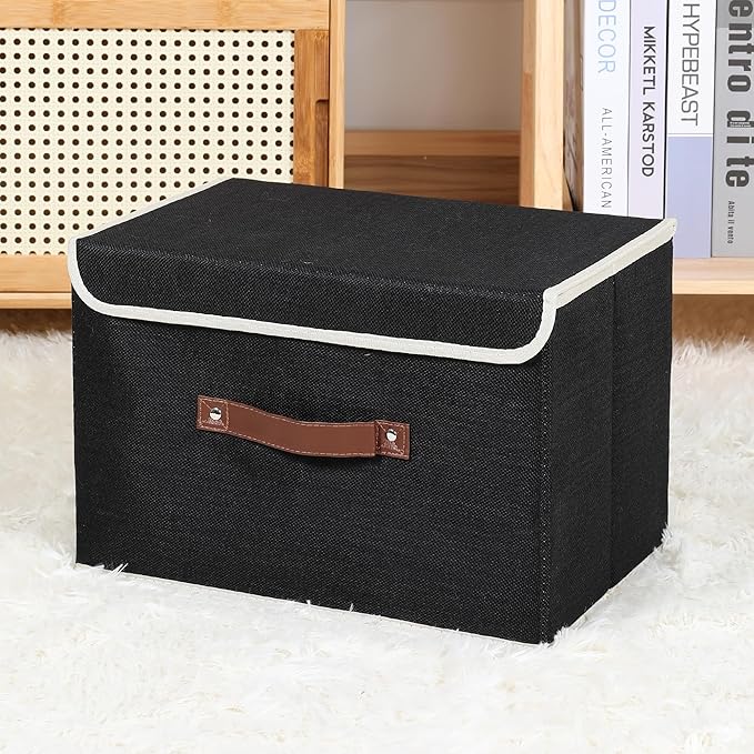 ANMINY Storage Bin with Lid Storage Boxes with PU Leather Handles PP Plastic Board Decorative Foldable Lidded Cotton Linen Fabric Home Cubes Baskets Closet Organizer Container - Black, Large Size-Ruum Studio Home