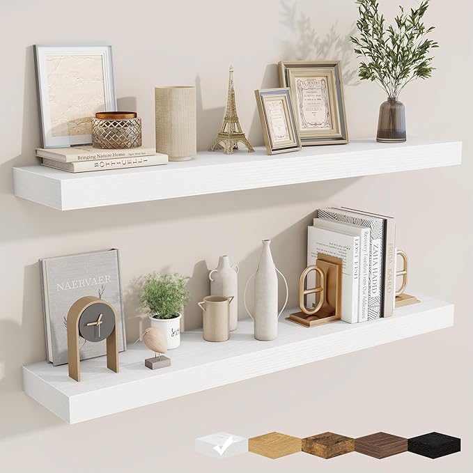 fuqing Floating Shelves for Wall, Bathroom Shelf Wall Mounted for Storage, Shelves with Invisible Bracket for Bedroom, Kitchen, Living Room, Farmhouse Small Book Shelf, 40 Inch Set of 2, White-Ruum Studio Home