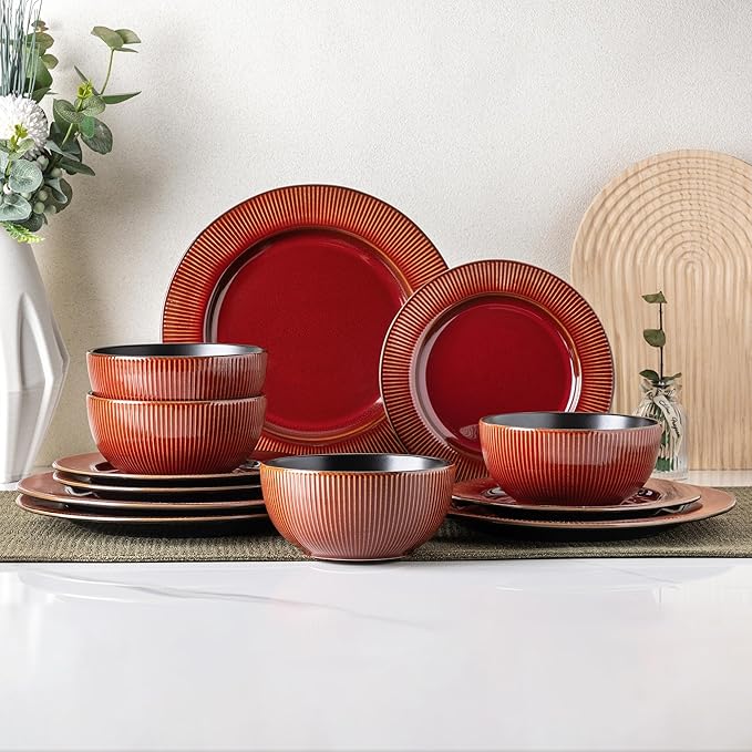 GBHOME Ceramic Dinnerware Sets,12 pcs Embossed Elegant Stoneware Plates and Bowls Sets, Housewarming Wedding Gift | Dishwasher & Microwave Safe | Dishes Set Service for 4-Ruum Studio Home