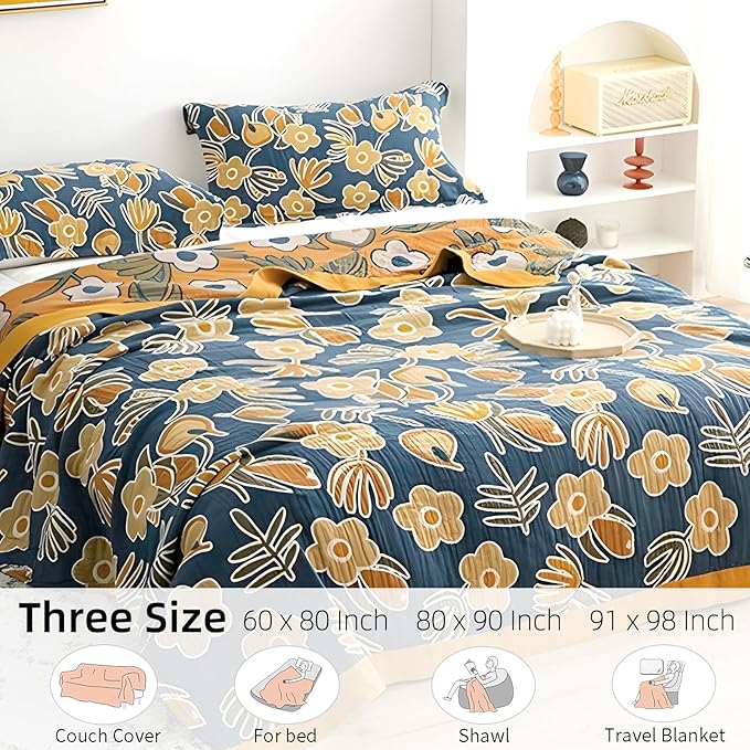 Boho Throw Blanket for Bed - 100% Pure Cotton Ultra Soft Rustic Quilt - Farmhouse Decor Bed Blankets, All Season Rustic Throw for Sofa Couch Chair(91''x 98'', Floral)-Ruum Studio Home