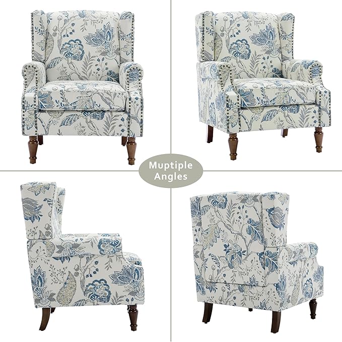 Lumibee Wingback Accent Chair, 2 Set High Back Floral Armchairs in Fabric,Comfy Upholstered Reading Single Sofa Chairs with Solid Wood Legs for Living Room,Bedroom,Office-Plants Blue-Ruum Studio Home