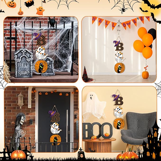 Britimes BOO Halloween Door Sign for Front Door, Halloween Cute Ghost Black Ghost Wall Decorations Wooden Hanging Signs for Home Wall Porch Outdoor Party Decor-Ruum Studio Home
