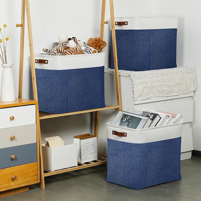 DULLEMELO 51L Large Baskets for Storage, Large Rectangular Baskets for Shelves [3 Pack], Blanket Basket Dog Toy Basket for Organizing Closet, Nursery, Clothes,Toys (White&Blue)-Ruum Studio Home