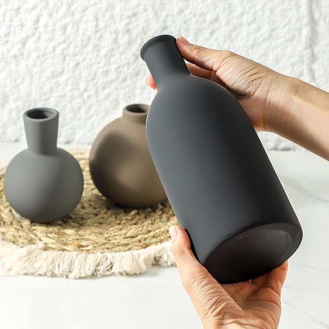 Ceramic Vase Set of 3 | Neutral Vases Home Decor | Modern Flower Pottery Vases Rustic Farmhouse Vase for Table Entryway Mantel Centerpiece Bookshelf Living Room Bathroom Bedroom -Multicolor Large-Ruum Studio Home