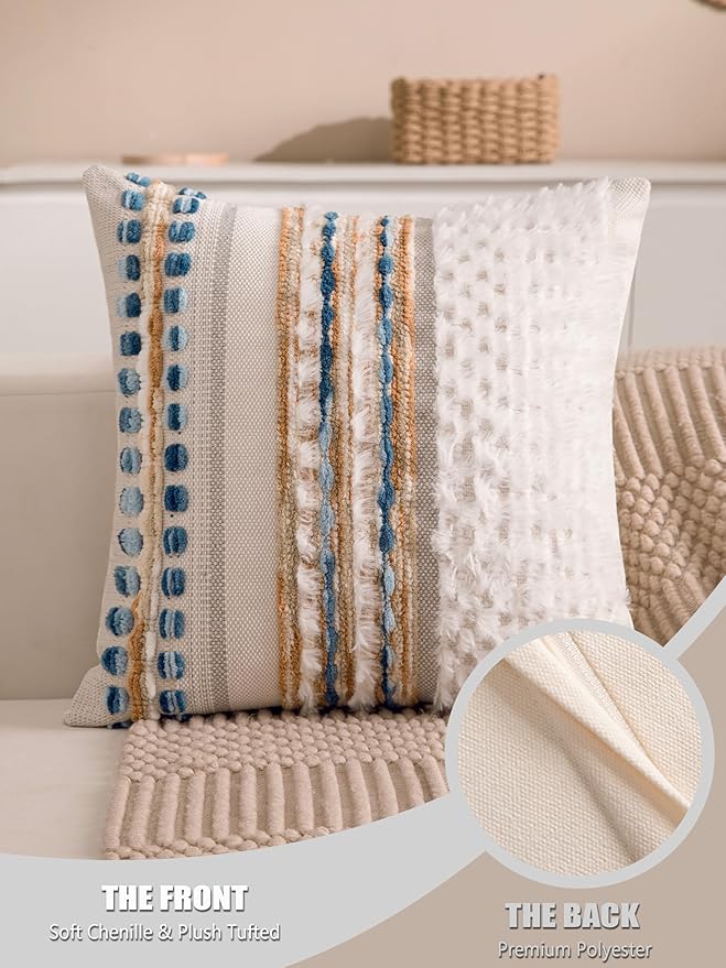 Boho Chenille Tufted Couch Throw Pillow Covers 18x18 Inch Set of 2 Farmhouse Striped Decorative Pillow Covers Accent Neutral Pillowcase Caramel Brown Blue Cushion Cover for Livingroom Sofa Bed-Ruum Studio Home