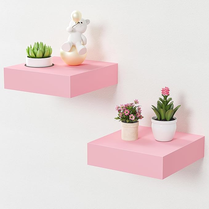 BAMEOS Pink Floating Shelves for Wall, 6" x 6" Wall Shelves for Room, Floating Book Shelves, Hanging Shelves for Bedroom, Bedroom, Living Room, Kitchen (Set of 2)-Ruum Studio Home