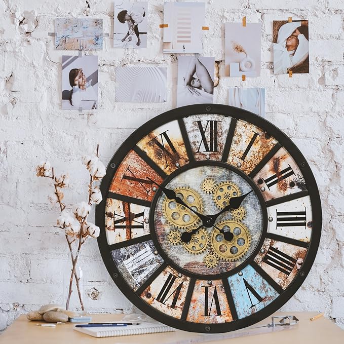 Unique Moving Gear Extra Large Wall Clock 21"-Battery Powered. Retro Industrial Steampunk Country Farmhouse Decor for Living Room, Kitchen,Bars, Restaurants, cafes, Offices(Black- 21")-Ruum Studio Home