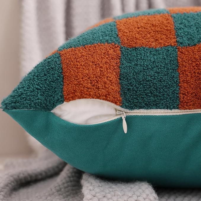 Alysheer Checkered Embroidered Decorative Throw Pillow Covers 18"x 18" Set of 2, Farmhouse Cottage Teal Brown Plaid Tufted Patterned Cotton Canvas Cushion Case for Sofa Couch Bed Living Room-Ruum Studio Home