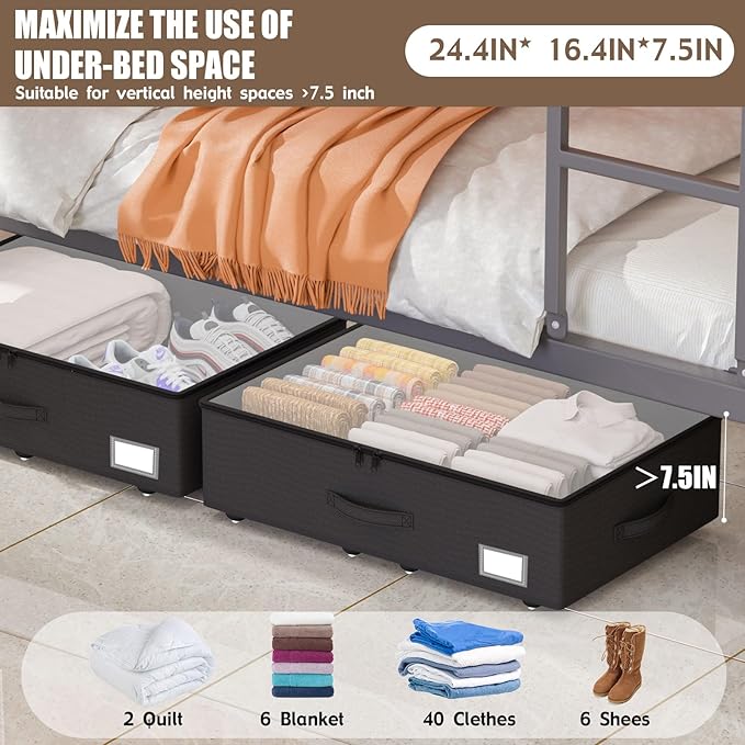 Underbed Storage Bins with Wheels, No Assembly Required - 7.5 inch height Black Large Capacity Rolling Underbed Containers for Shoes, Dorm under bed storage drawers-Ruum Studio Home