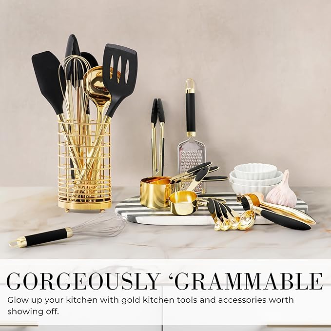 Styled Settings Black and Gold Cooking Utensils Set - 7-Piece Silicone Utensils Set Include Spatula Holder for Nonstick Cookware and Modern Kitchens - Stylish Black and Gold Kitchen Accessories-Ruum Studio Home