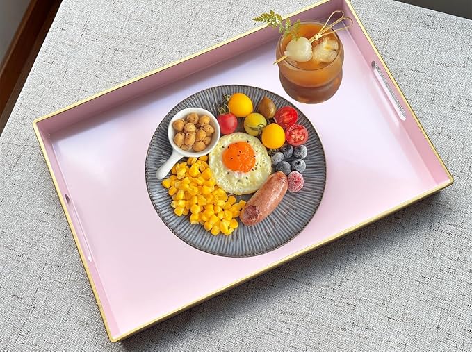 Large Pink Rectangular Decorative Tray – Plastic Serving Tray with Handles for Coffee Table, Ottoman, Living Room, 15.7” x 11.8” x 1.6-Ruum Studio Home
