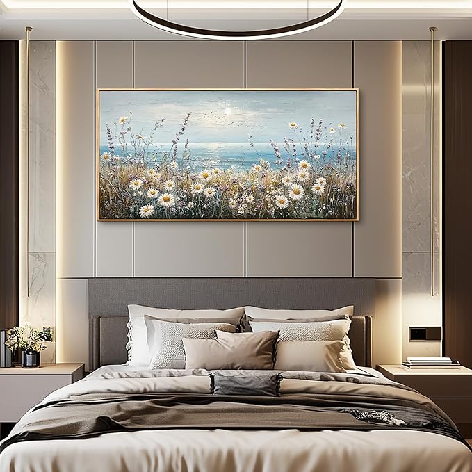 PHAOHUAXM Large Canvas Wall Decoration For Living Room Wall Art For Bedroom Office Decorations Blue Ocean Paintings Flowers Watercolour Wall Pictures Canvas Artworks Home Decor Wood Framed 24x48 In-Ruum Studio Home