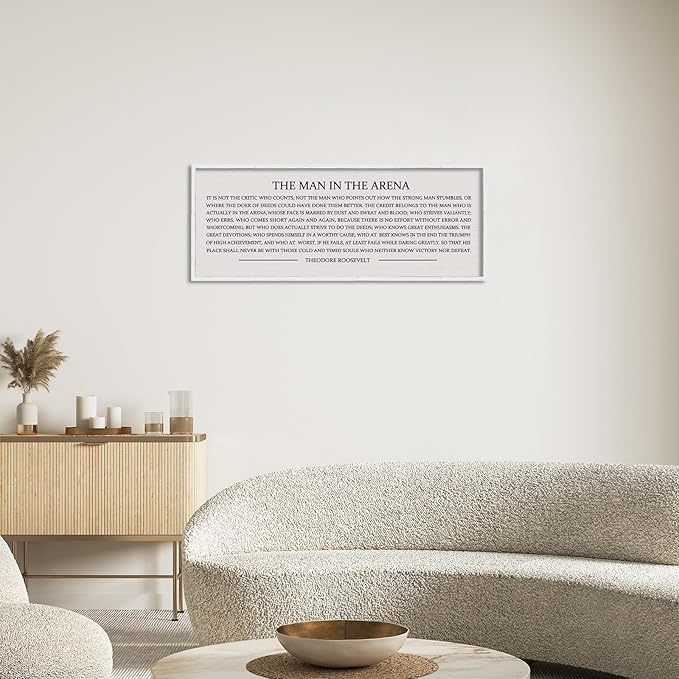 LuZhiQiang The Man in the Arena Wall Decor 40''x15'' Inspirational Quotes Office Wood Framed Sign Rustic Home Motivational Art For Man Entrepreneur Morden Living Room Wall Hanging Decor (White)-Ruum Studio Home