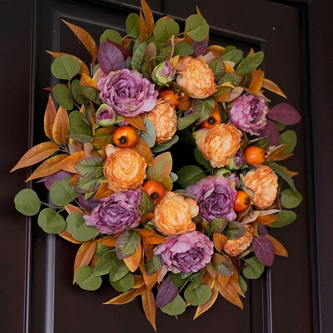 24 Inch Fall Wreath for Front Door - Autumn Wreath with Peony, Maple Leaves, Berries - Farmhouse Thanksgiving Halloween Decor for Porch, Front Door, Indoors & Outdoors - Rustic Harvest Home Decor-Ruum Studio Home