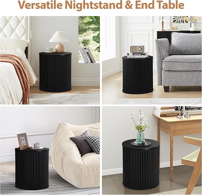 AVZEAR Fluted Round Side Table with Storage, Small Mid Century End Table Fluted Nightstands, Modern Circle Bedside Tables Wood Night Stand for Small Spaces, Living Room, Bedroom (Black)-Ruum Studio Home