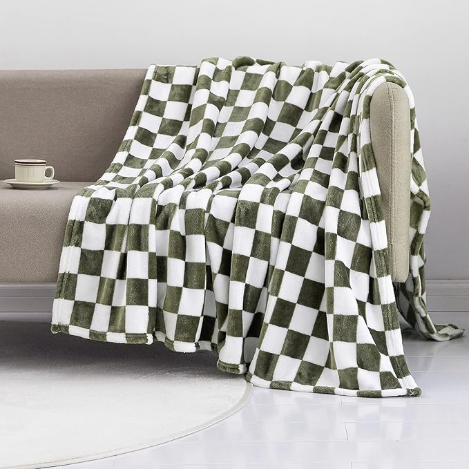 LOMAO Throw Blankets Flannel Blanket with Checkerboard Grid Pattern Soft Throw Blanket for Couch, Bed, Sofa Luxurious Warm and Cozy for All Seasons (Dark Olive, 60"x80")-Ruum Studio Home