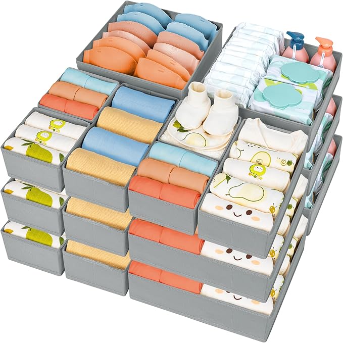 DIMJ Drawer Organizer 15 Pack - Foldable Baby Clothes Storage & Dresser Organizer for Nursery, Bedroom, Closet - Nursery Organization Dresser Dividers for underwear, Sock,Bra, Belt, Tie, Gray-Ruum Studio Home