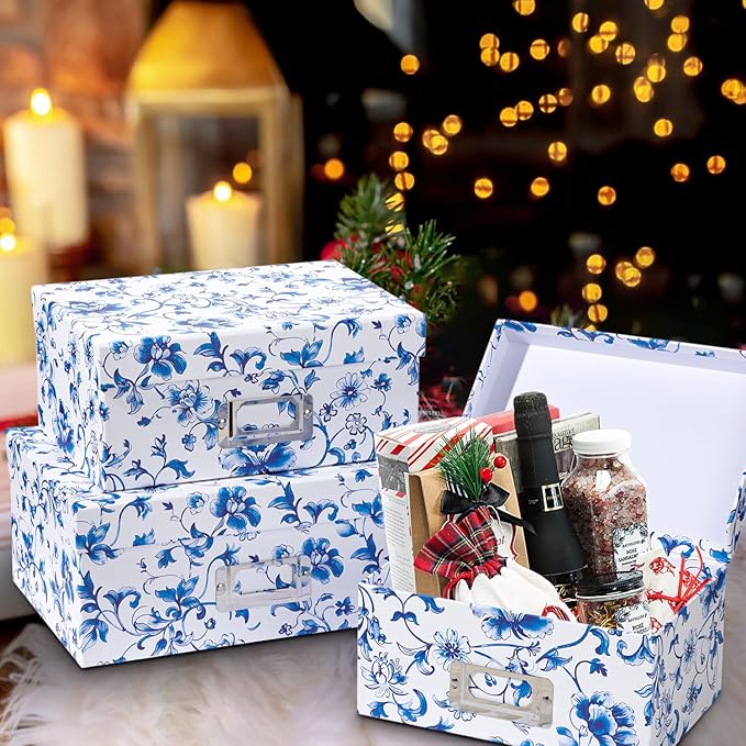 Briful Decorative Photo Storage Boxes with Lids, Set of 4 – Blue and White Porcelain Pattern, Nested Card Storage Box Organizer, Decorative Paperboard Box for Closet, Office, Gifts,Cosmetic,Books-Ruum Studio Home