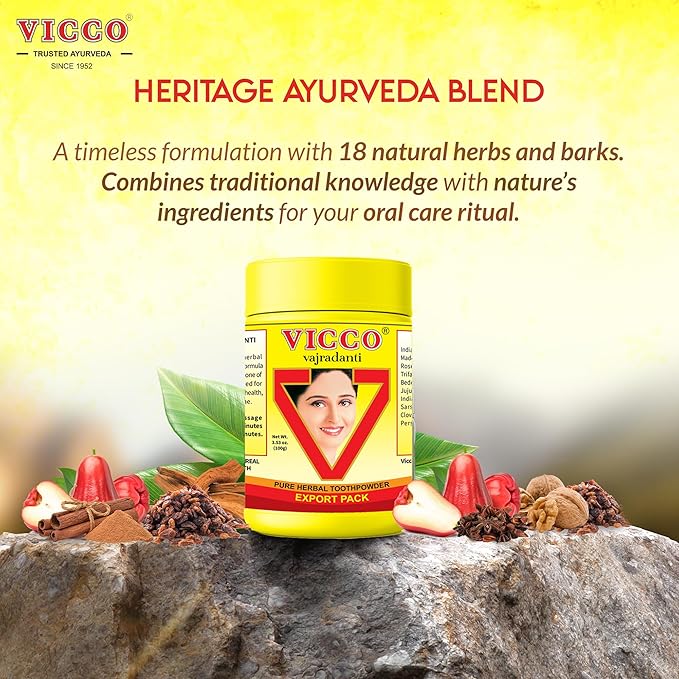 Vicco Vajradanti Herbal Tooth Powder, Classic Ayurvedic Blend with 18 Herbs & Barks, 3.53 oz (Pack of 3)-Ruum Studio Home