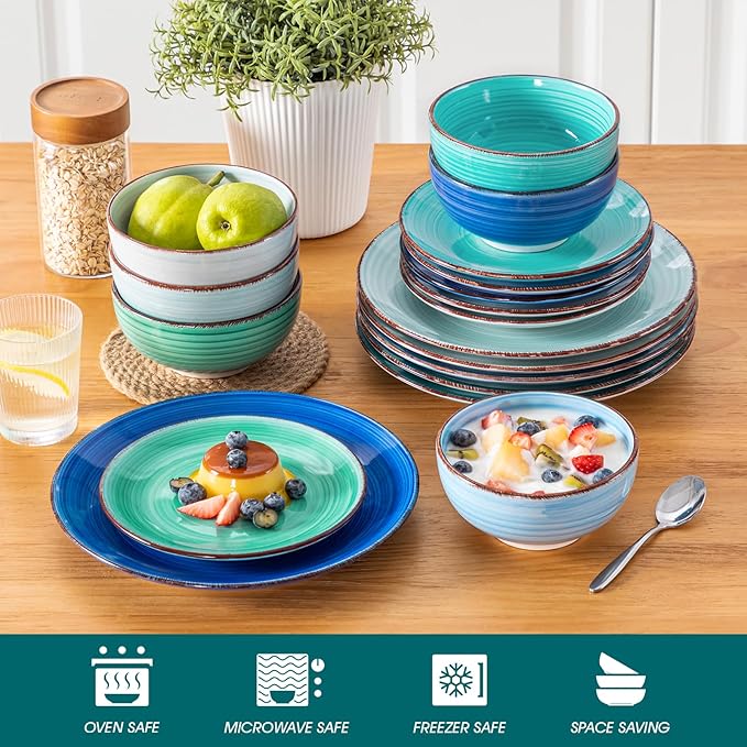 vancasso Bonita Dinnerware Set Blue Stoneware 18 Pieces Service for 4, Handpainted Spirals Pattern Stoneware Plates and Bowls Set-Ruum Studio Home