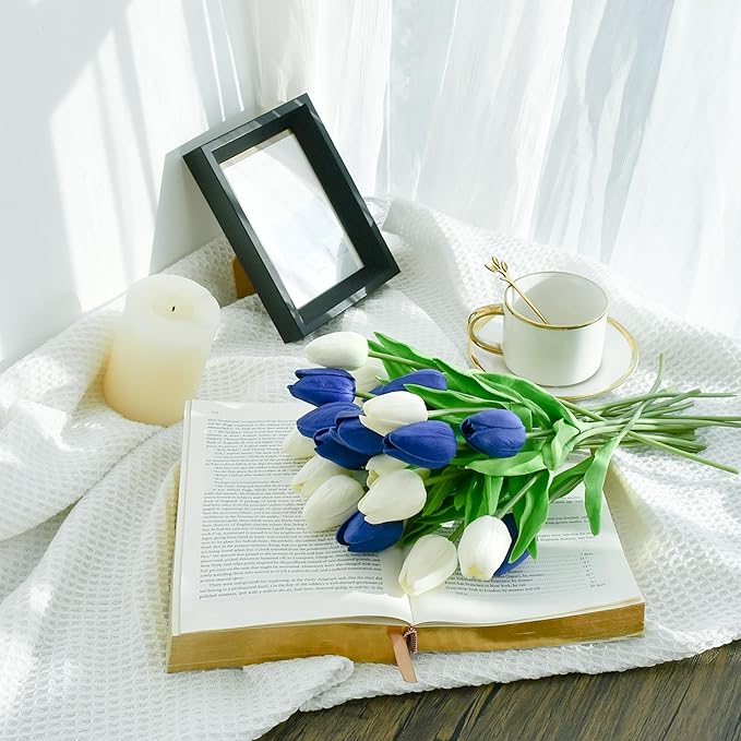 Mandy's Artificial Tulips 20 Stems Blue and White PU Faux Flowers for Wedding Home Decor 13.5 Inch-Ruum Studio Home