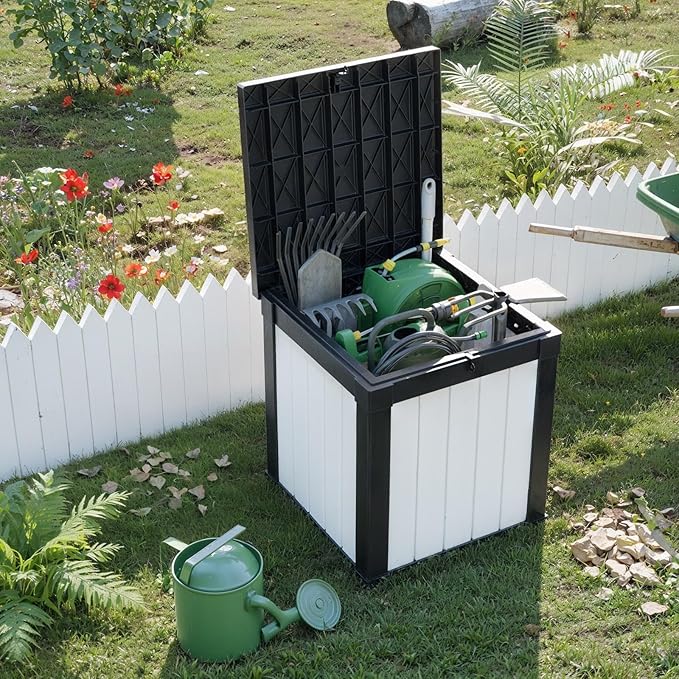 50 Gallon Resin Deck Box, Lockable Outdoor Storage Box for Patio Cushions Storage Furniture,Garden Tools, Pool Supplies, Weatherproof and UV Resistant (Black&White)-Ruum Studio Home