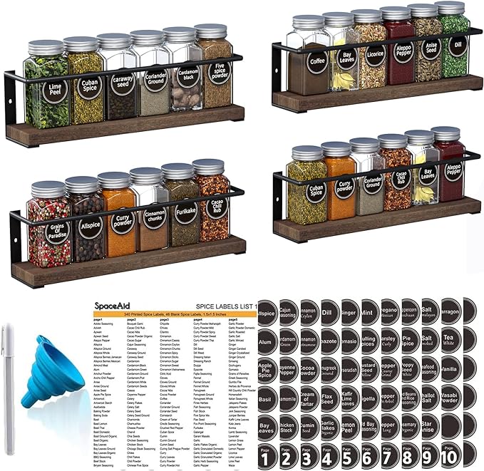 SpaceAid Spice Rack with 24 Spice Jars, 386 Spice Labels, Chalk Marker and Funnel, Wood Hanging Seasoning Shelf for Cabinet Door or Wall Mount (4 Pack)-Ruum Studio Home