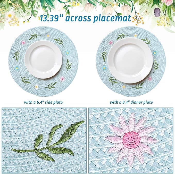 Whaline 4Pcs Round Daisy Placemats Spring Flower Embroidered Place Mats Greenery Floral Dinner Table Mats for Home Holiday Wedding Bridal Baby Shower Birthday Party Decor-Ruum Studio Home