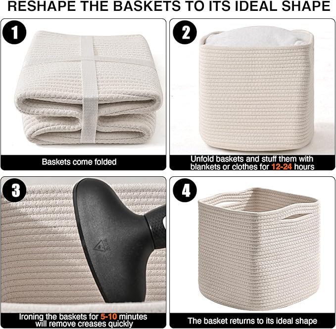 11 Inch Cube Storage Bins, Organizer Bins, Woven Cotton Rope Baskets for Storage, Storage Baskets for Organizing Shelves, White Basket for Toys, Off White (Pack of 3)-Ruum Studio Home