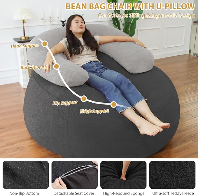 HABUTWAY Bean Bag Chair with U-Shaped Pillow for Adult and Kids Big BeanBag Chair with Filling Ultra Soft Teddy Fleece Couch Chair with Washable Cover for Living Room Bedroom, Dark Grey & Light Grey-Ruum Studio Home