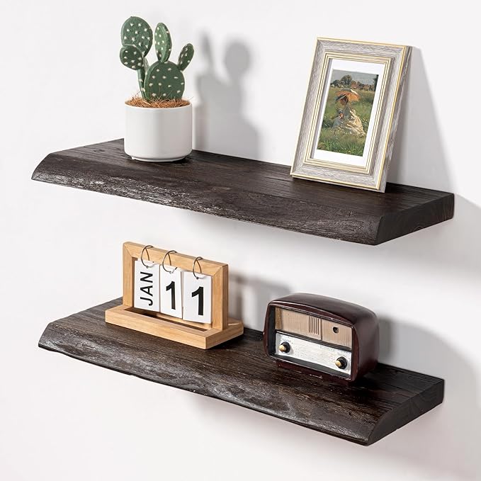 Axeman 24 inch Floating Shelves for Wall - 8'' D Live Edge Rustic Solid Elm Wood Floating Shelves Wall Mounted, Wall Shelves with Invisible Bracket for Living Room Bedroom Kitchen, Set of 2 Walnut-Ruum Studio Home