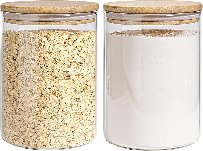 Glass Storage Jars Set Elegant Containers with Airtight Bamboo Lids, Perfect for Kitchen Organization - Flour, Rice, Pasta, Sugar, Coffee Beans, Accessories Included (2 packs(111oz))-Ruum Studio Home